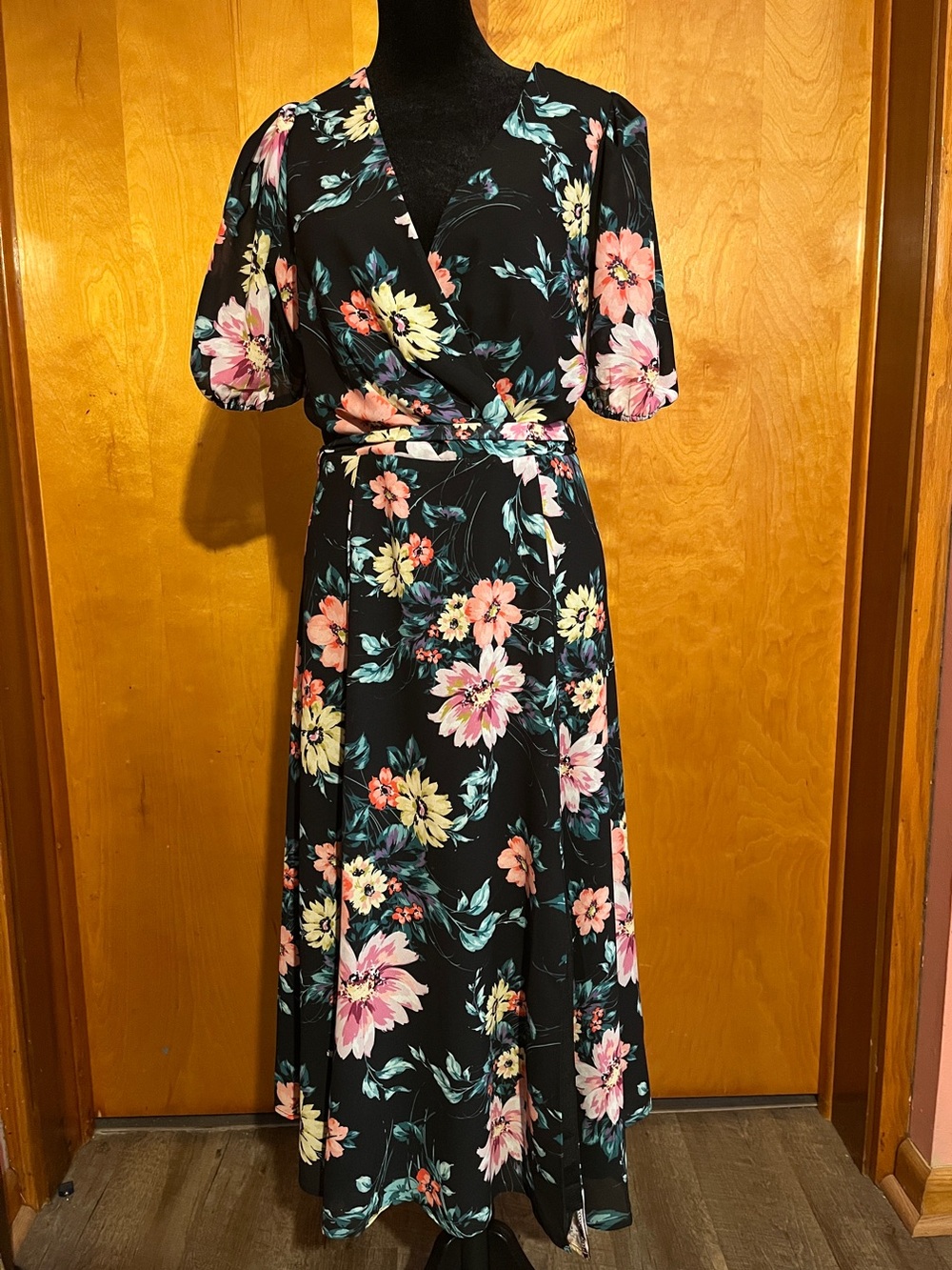Yumi Kim Medium Black Floral Wrap Maxi with Pastel Blooms